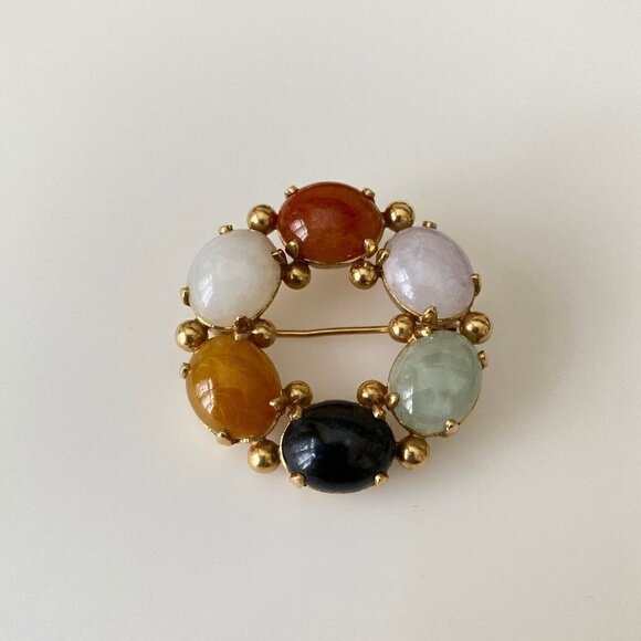 14k Solid Yellow Gold Multi-Color Genuine Jade Vintage Wreath Brooch Pin - Picture 2 of 5